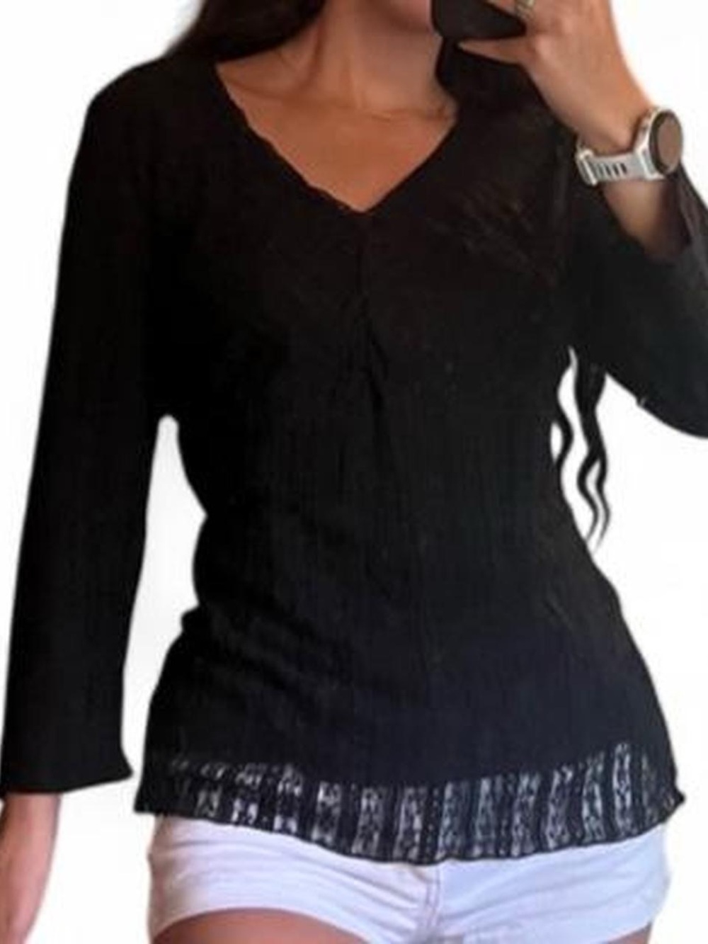 Nine & Co. Black V-Neck Sweater with Lace-Trim Hem